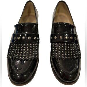 Botkier Victoria Studded Patent Leather Kiltie Fringe Loafers Size 7.5 Black